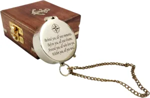Authentic Vintage Style Brass Pocket Compass On Chain with Wooden Case Behind You, All Your Memories Before You for Son, Grandson Personalized Gifts for Boys Graduation Gift for Him