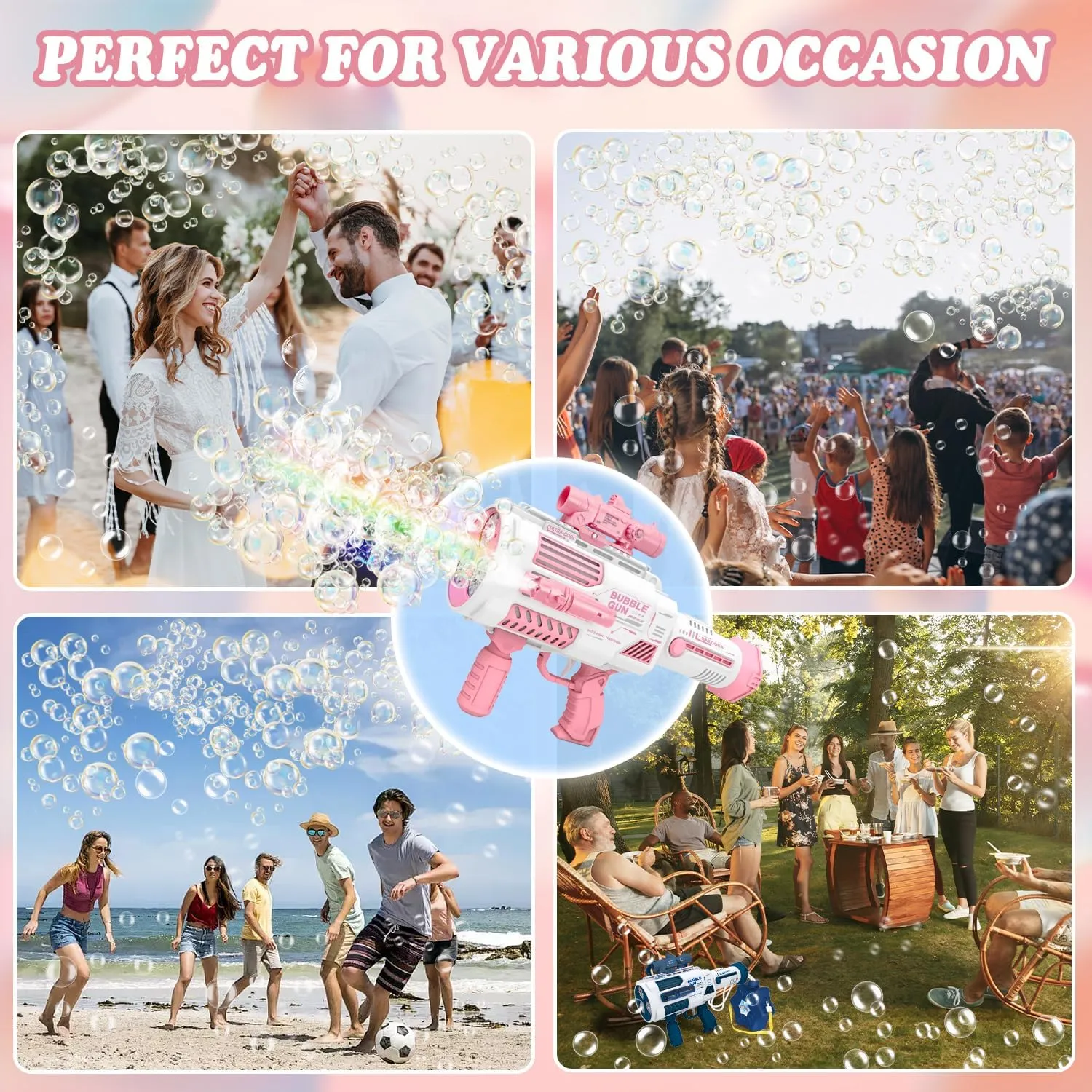 Automatic Bubble Machine Gun - 36 Hole No Dip Bubble Bazooka with Storage Tank - Outdoor Summer Toy Gifts for Kids - Pink