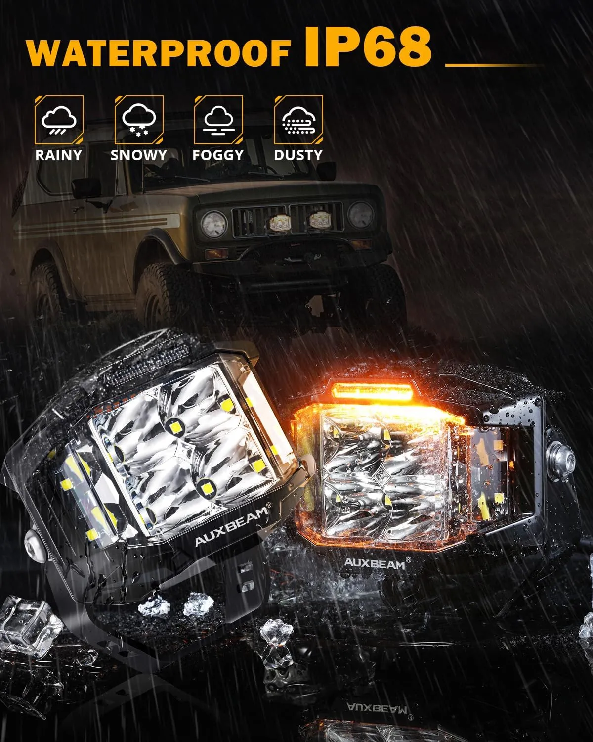Auxbeam 4 Inch LED Pod Light, 92W V-MAX Series Square Offroad Driving with Amber DRL, 270° Spot Flood Combo Beam Side Shooter Cube Work Auxiliary Lights with Yellow Cover for Truck SUV ATV UTV