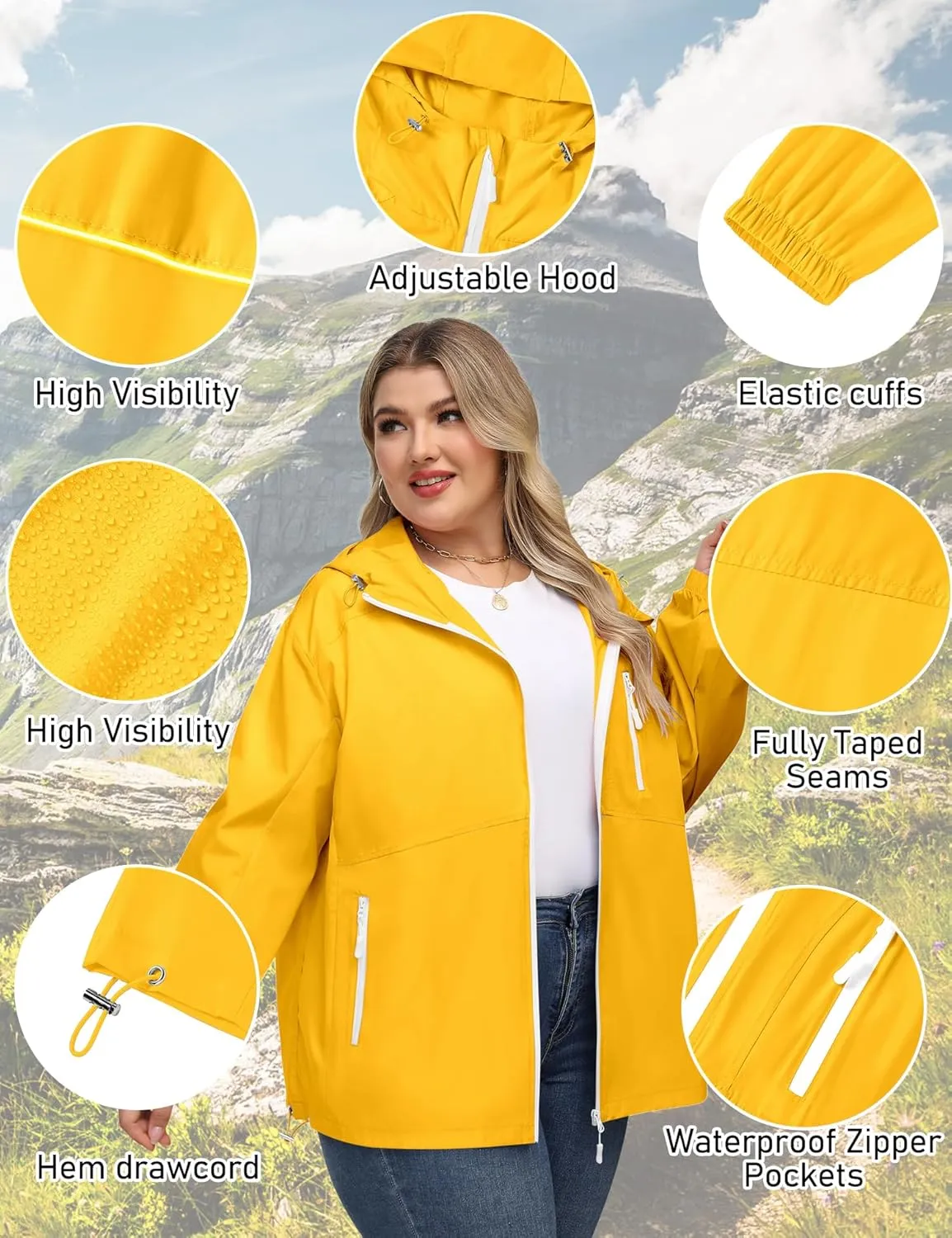 Avoogue Plus Size Womens Rain Jacket with Hood Waterproof Raincoats Lightweight Packable Outdoor Trench Coat XL-5XL
