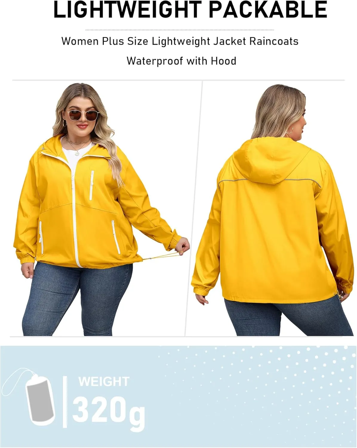 Avoogue Plus Size Womens Rain Jacket with Hood Waterproof Raincoats Lightweight Packable Outdoor Trench Coat XL-5XL