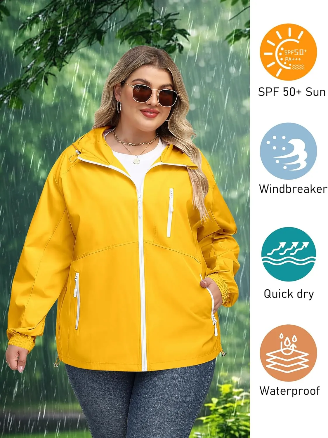 Avoogue Plus Size Womens Rain Jacket with Hood Waterproof Raincoats Lightweight Packable Outdoor Trench Coat XL-5XL
