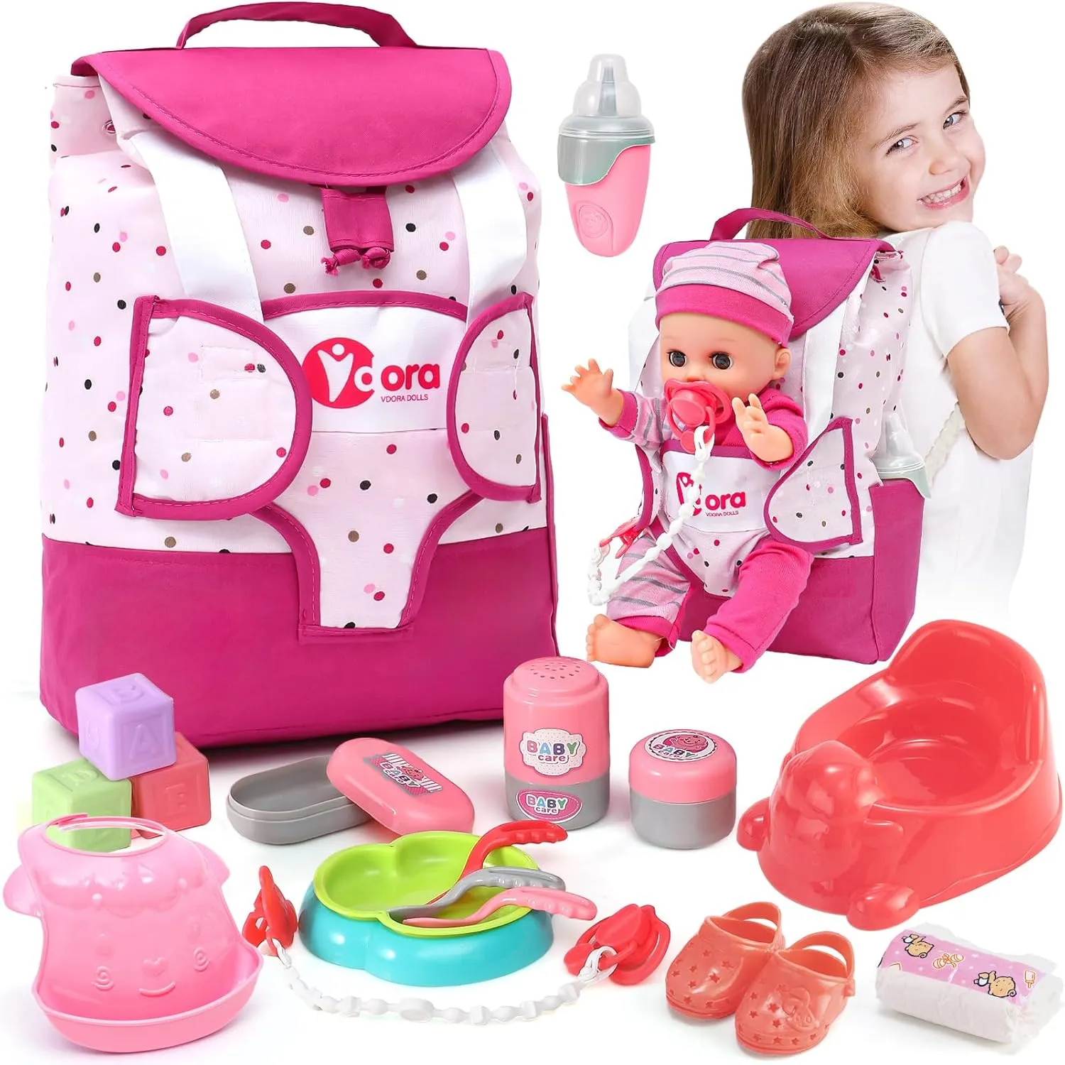 Baby Doll Accessories Playset, Baby Doll Care Toys with Changing Bag Backpack Feeding Set Baby Doll Nappies Bottle Bath, Birthday Toys for Kids Girls (Baby Doll Not Included)