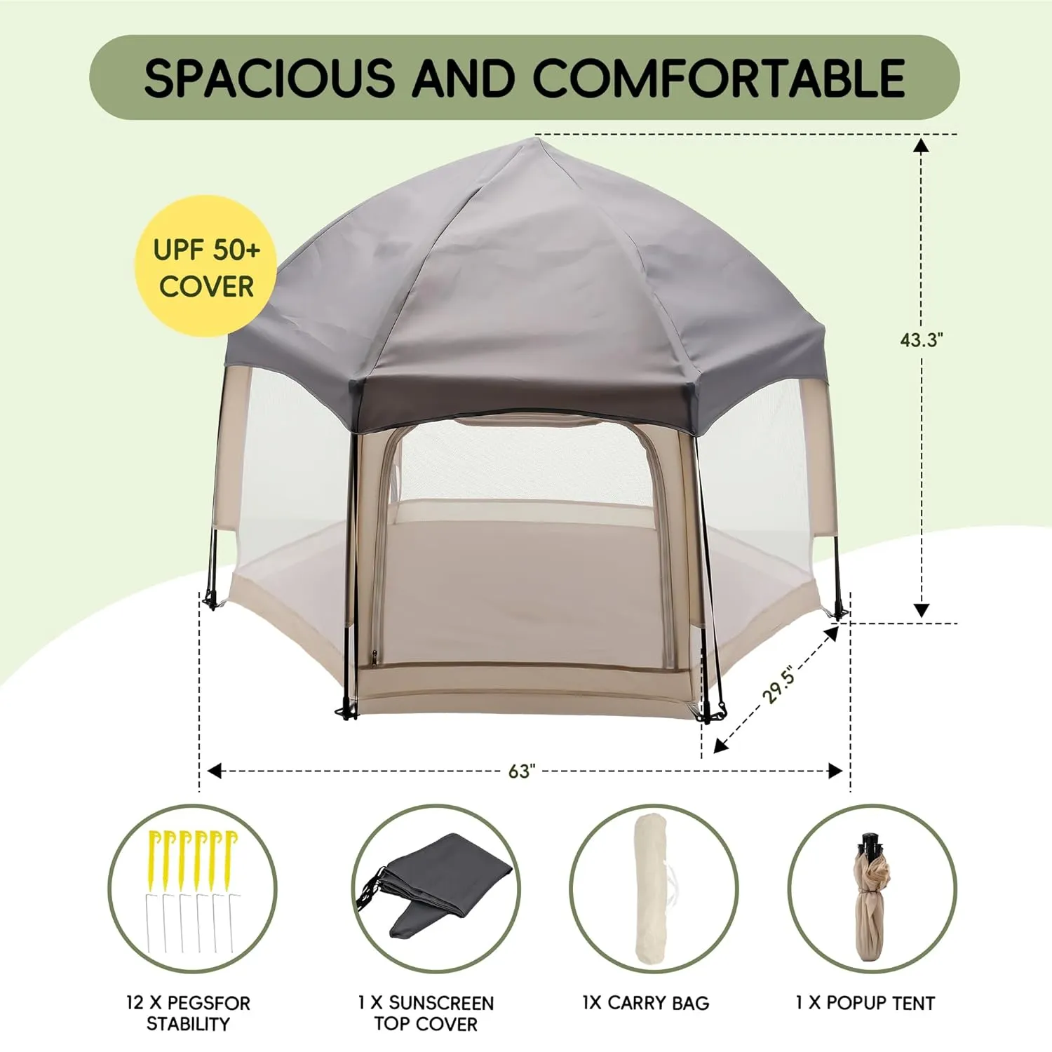 Baby Playpen, Portable Baby Playpen with UPF50  Canopy, 1-Second Setup, Foldable Play Yard for Indoor/Outdoor Use, Kids Tent for Beach Camping Travel - Includes Travel Bag & Safety Stakes(Beige)