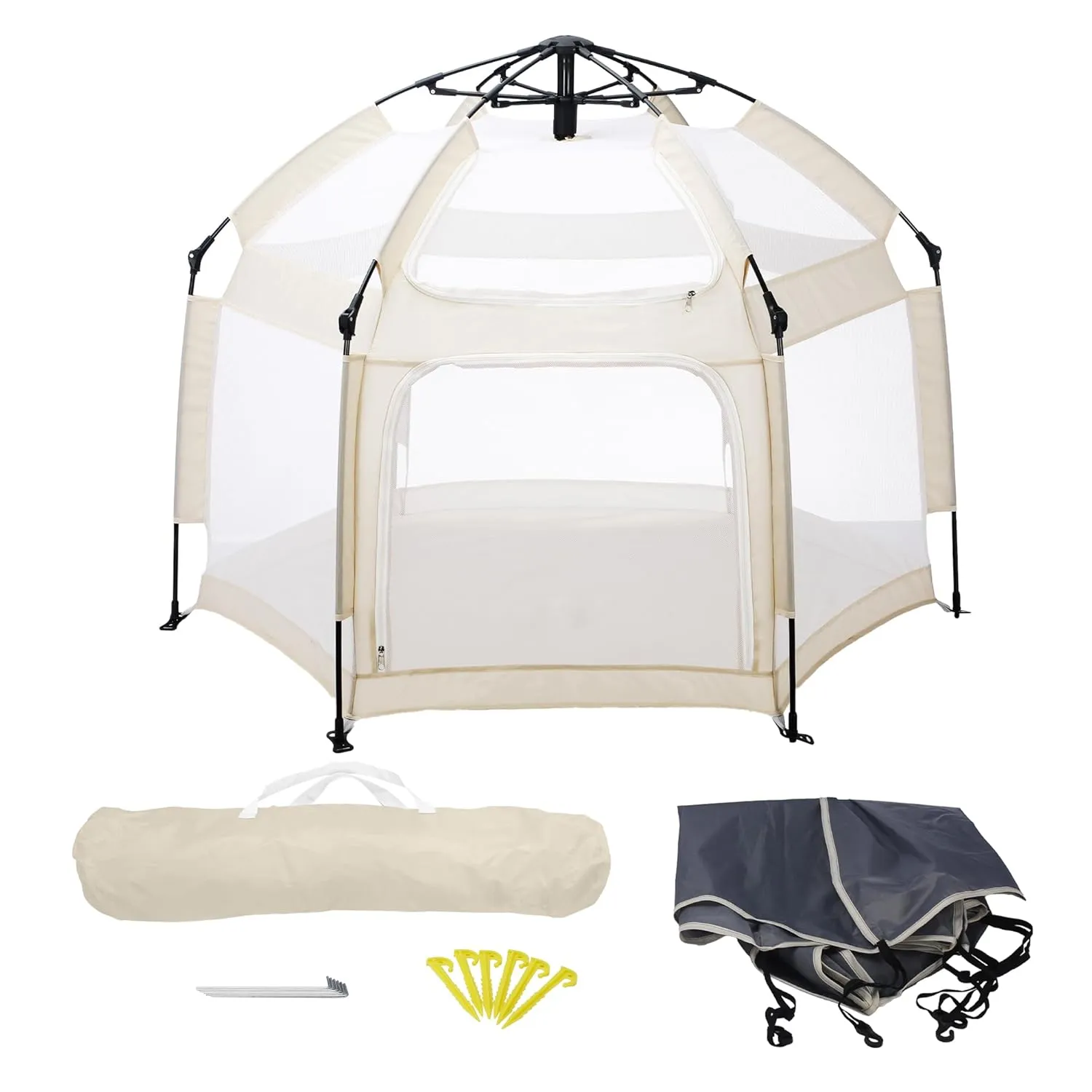 Baby Playpen, Portable Baby Playpen with UPF50  Canopy, 1-Second Setup, Foldable Play Yard for Indoor/Outdoor Use, Kids Tent for Beach Camping Travel - Includes Travel Bag & Safety Stakes(Beige)