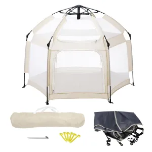 Baby Playpen, Portable Baby Playpen with UPF50  Canopy, 1-Second Setup, Foldable Play Yard for Indoor/Outdoor Use, Kids Tent for Beach Camping Travel - Includes Travel Bag & Safety Stakes(Beige)