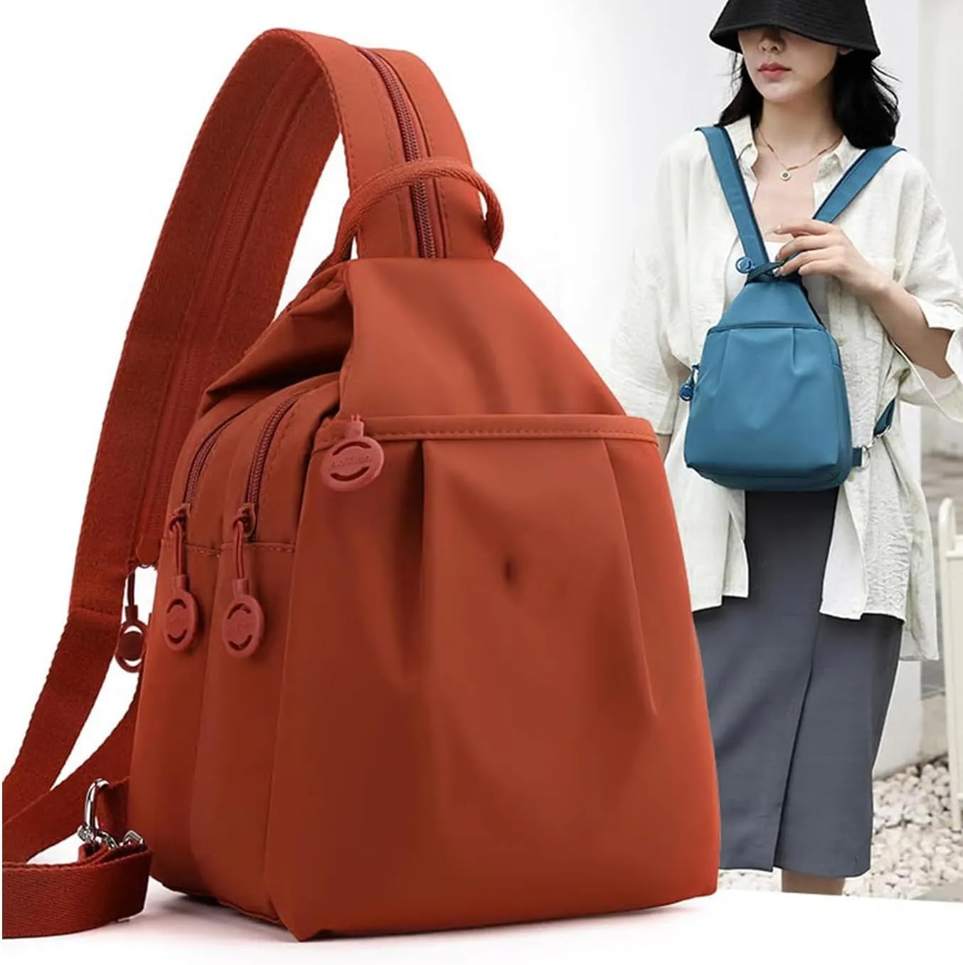Backpack Chest Bags Double Zipper Large Capacity, Large Capacity Oxford Crossbody Backpack with Anti-Theft Design (Orange)