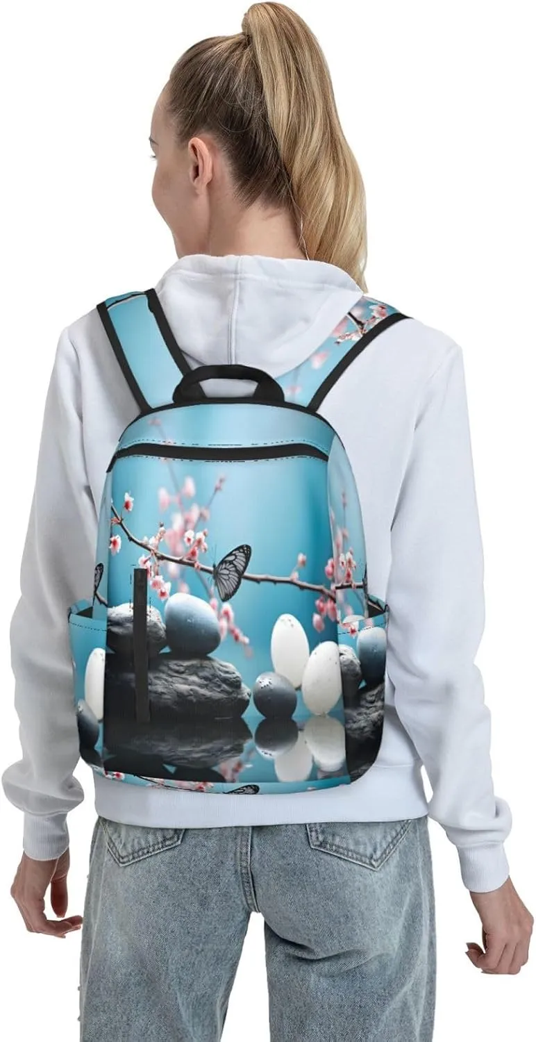 Backpack For Women Men Cheery Flower Zen Massage Stone Bookbag Lightweight Travel Casual Daypack Water Resistant Outdoor Hiking Sport Rucksack