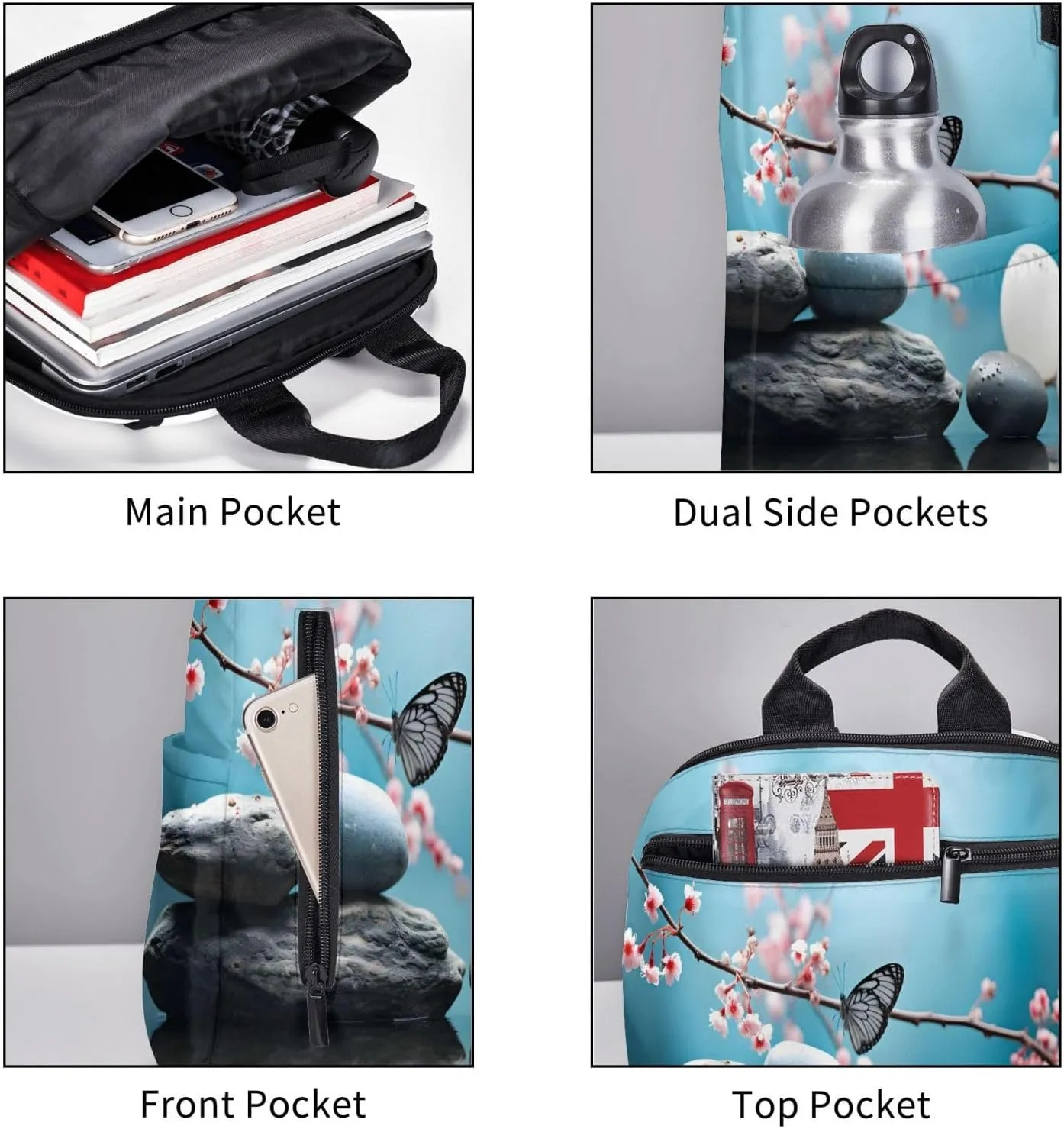 Backpack For Women Men Cheery Flower Zen Massage Stone Bookbag Lightweight Travel Casual Daypack Water Resistant Outdoor Hiking Sport Rucksack