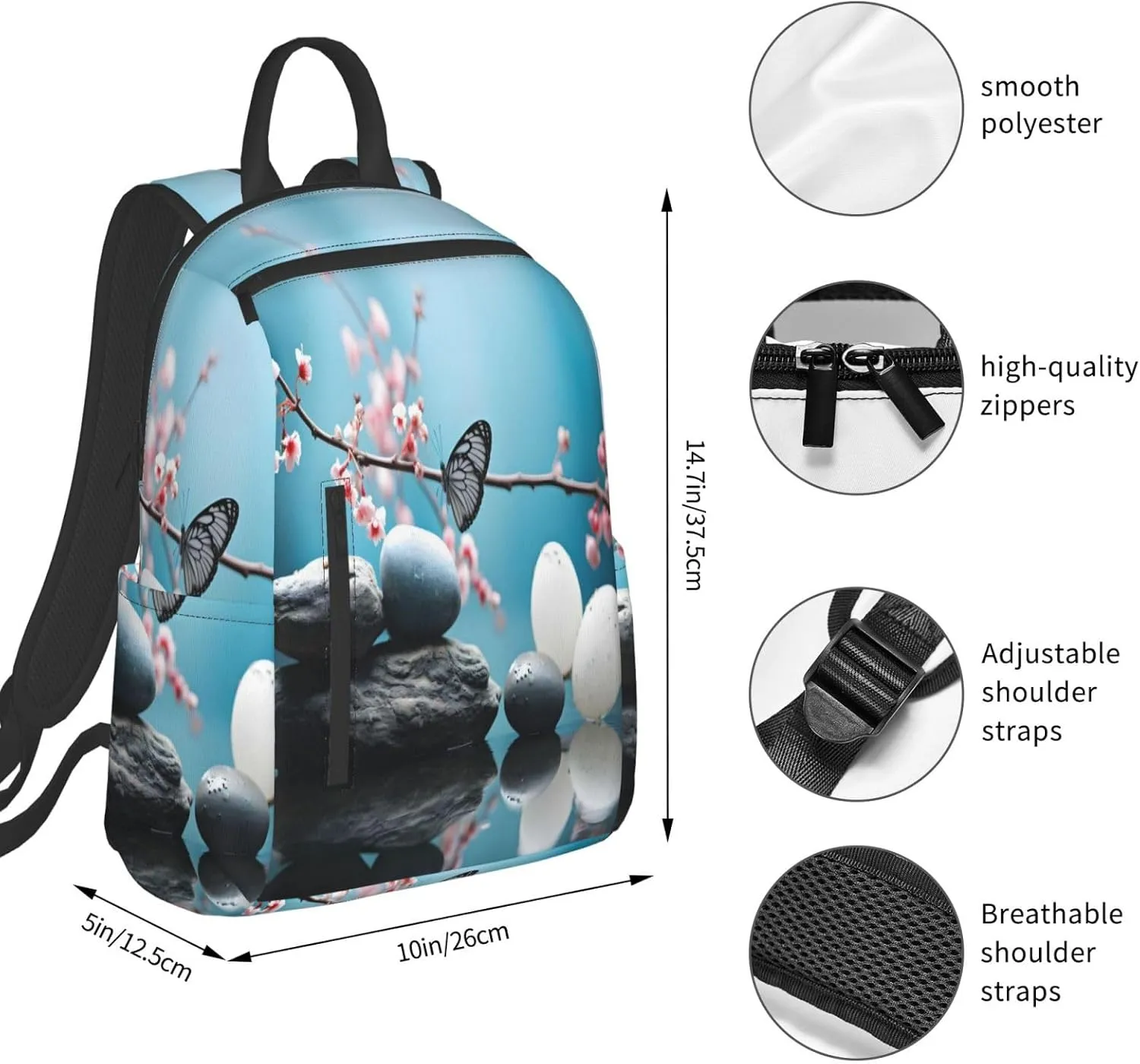 Backpack For Women Men Cheery Flower Zen Massage Stone Bookbag Lightweight Travel Casual Daypack Water Resistant Outdoor Hiking Sport Rucksack