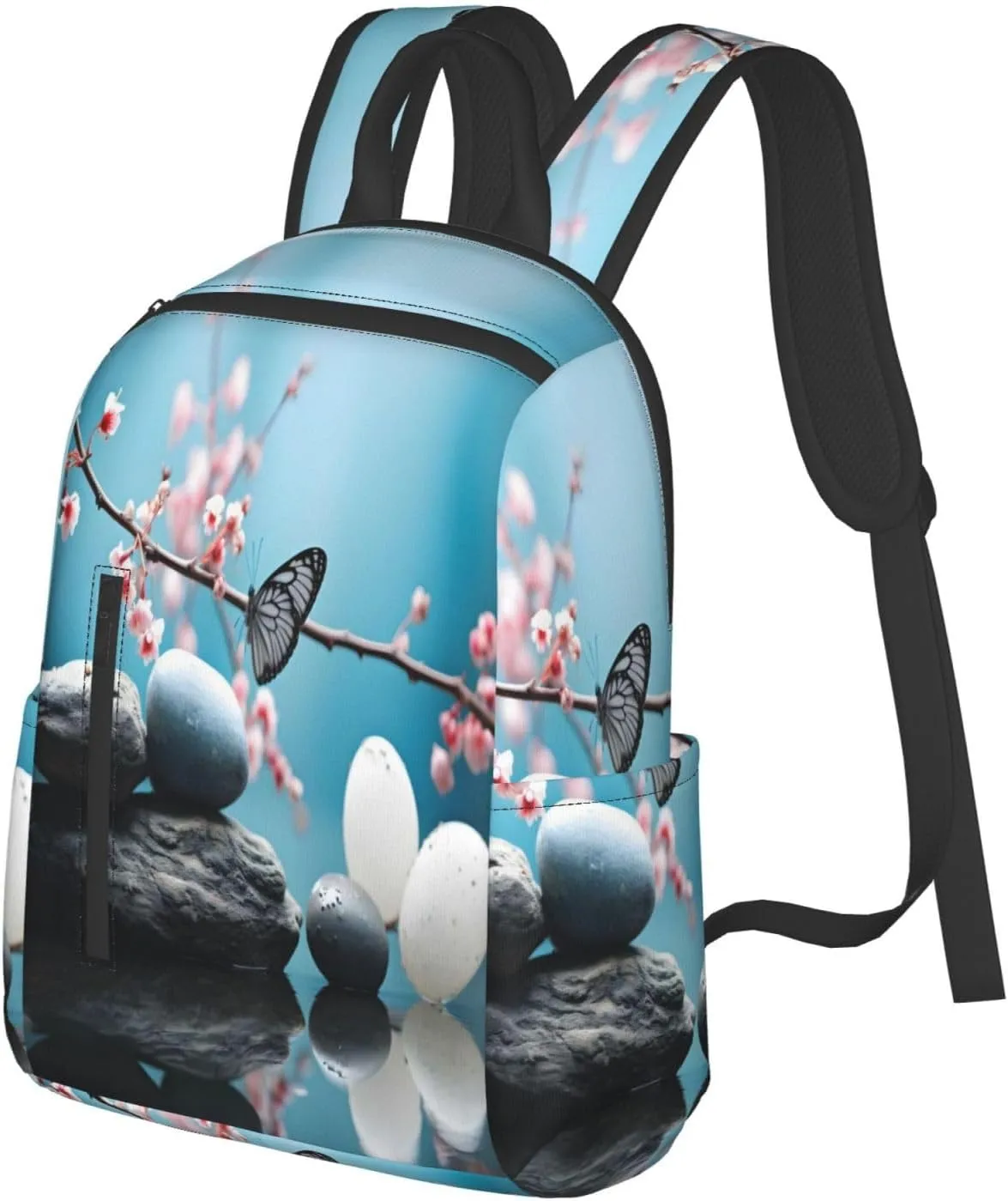 Backpack For Women Men Cheery Flower Zen Massage Stone Bookbag Lightweight Travel Casual Daypack Water Resistant Outdoor Hiking Sport Rucksack