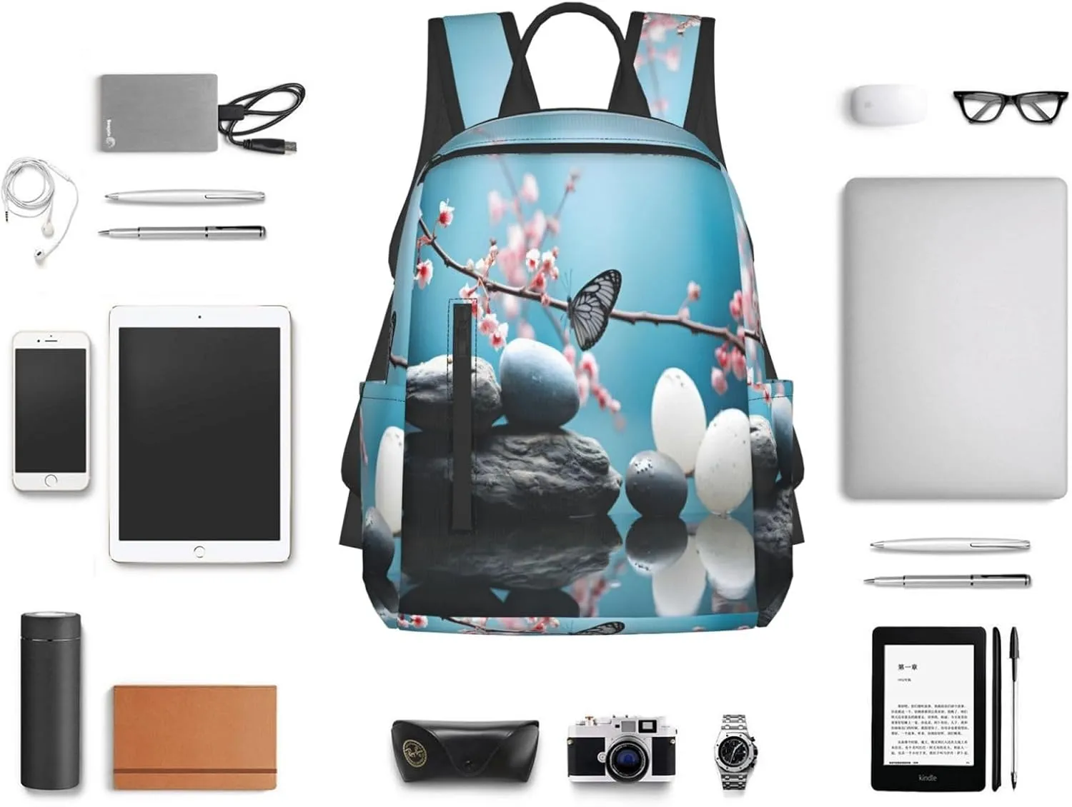 Backpack For Women Men Cheery Flower Zen Massage Stone Bookbag Lightweight Travel Casual Daypack Water Resistant Outdoor Hiking Sport Rucksack