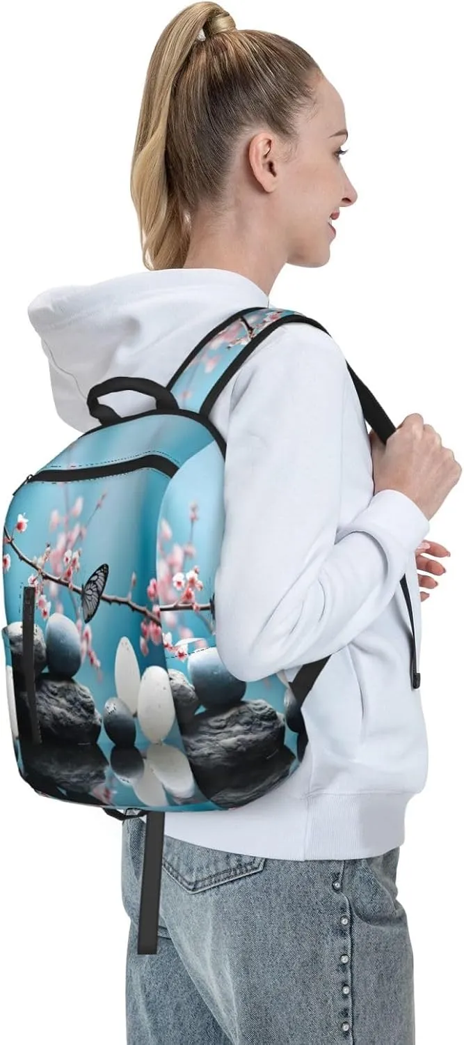 Backpack For Women Men Cheery Flower Zen Massage Stone Bookbag Lightweight Travel Casual Daypack Water Resistant Outdoor Hiking Sport Rucksack