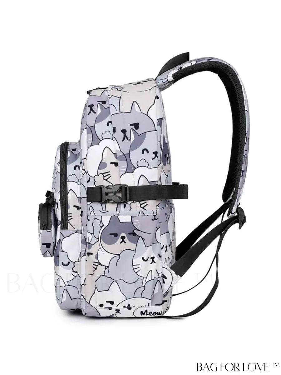 BagForLove - Adjustable Strap Classic Backpack with Cartoon Cat Pattern - Preppy Design