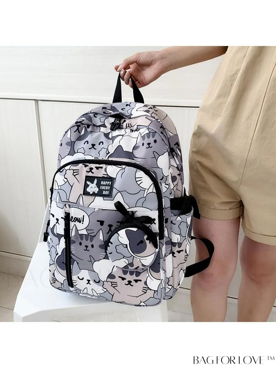 BagForLove - Adjustable Strap Classic Backpack with Cartoon Cat Pattern - Preppy Design