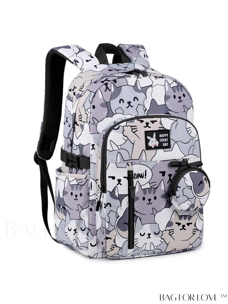 BagForLove - Adjustable Strap Classic Backpack with Cartoon Cat Pattern - Preppy Design