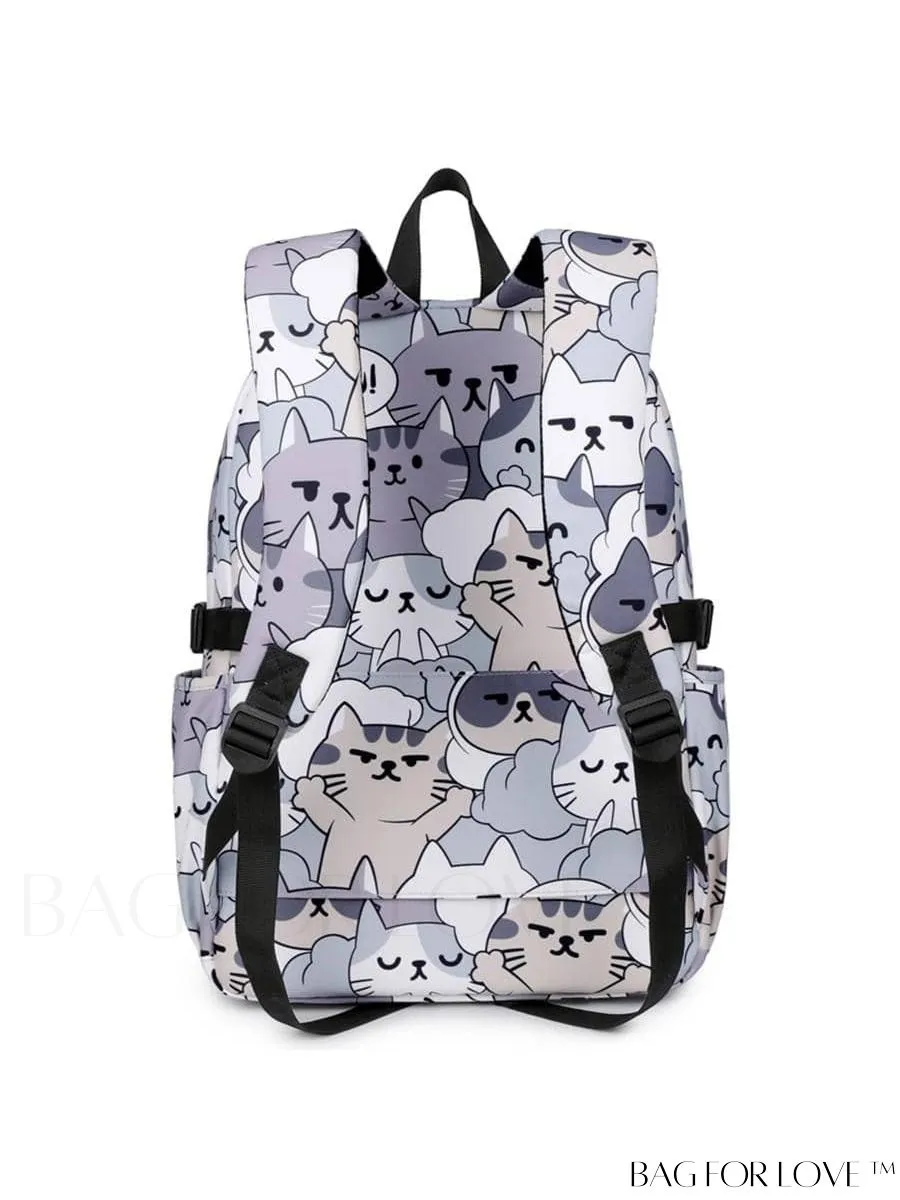 BagForLove - Adjustable Strap Classic Backpack with Cartoon Cat Pattern - Preppy Design