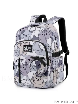 BagForLove - Adjustable Strap Classic Backpack with Cartoon Cat Pattern - Preppy Design