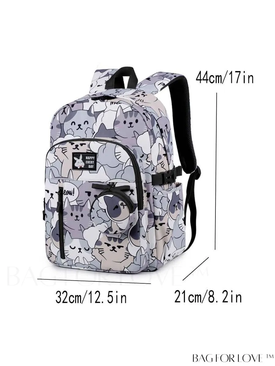 BagForLove - Adjustable Strap Classic Backpack with Cartoon Cat Pattern - Preppy Design