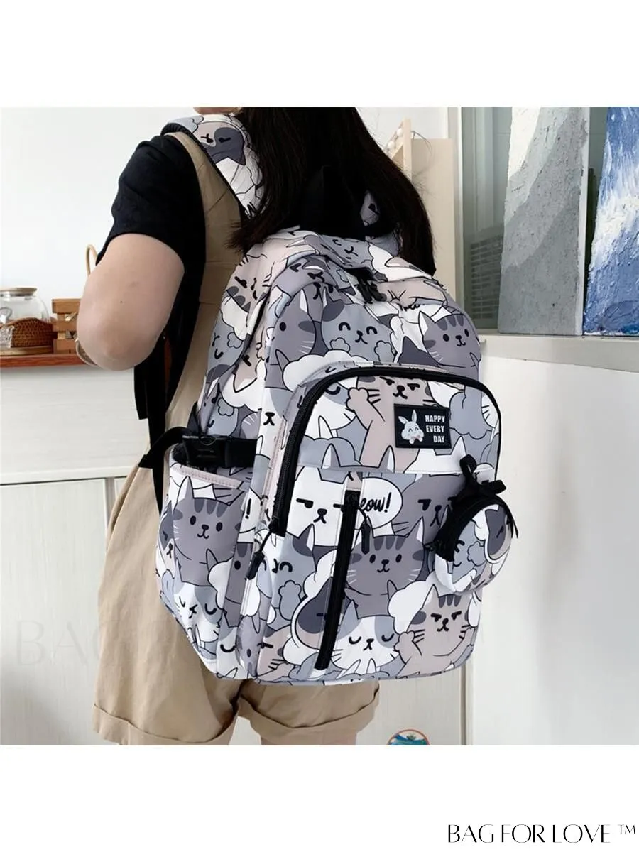 BagForLove - Adjustable Strap Classic Backpack with Cartoon Cat Pattern - Preppy Design