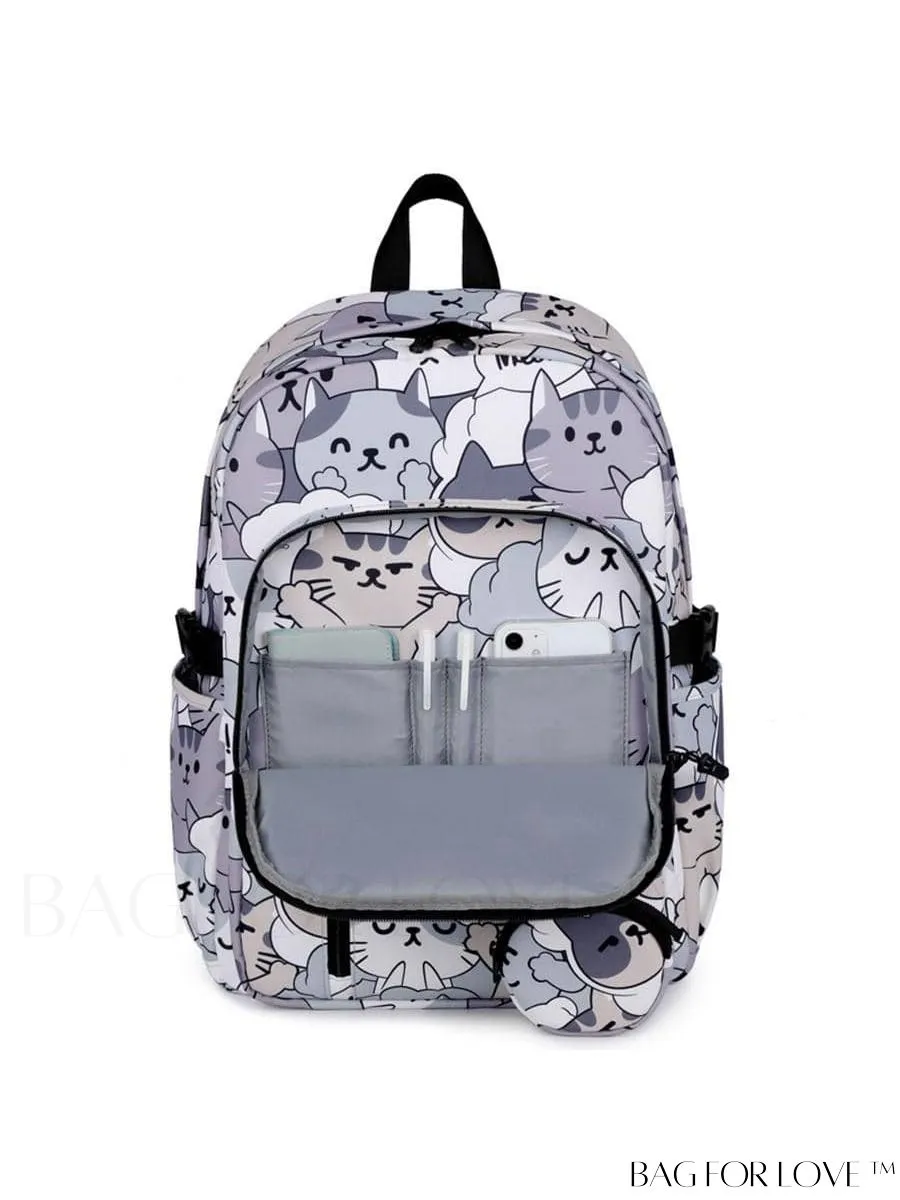 BagForLove - Adjustable Strap Classic Backpack with Cartoon Cat Pattern - Preppy Design
