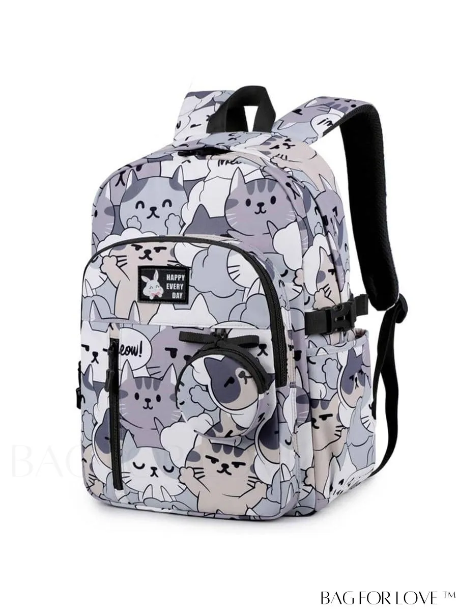 BagForLove - Adjustable Strap Classic Backpack with Cartoon Cat Pattern - Preppy Design