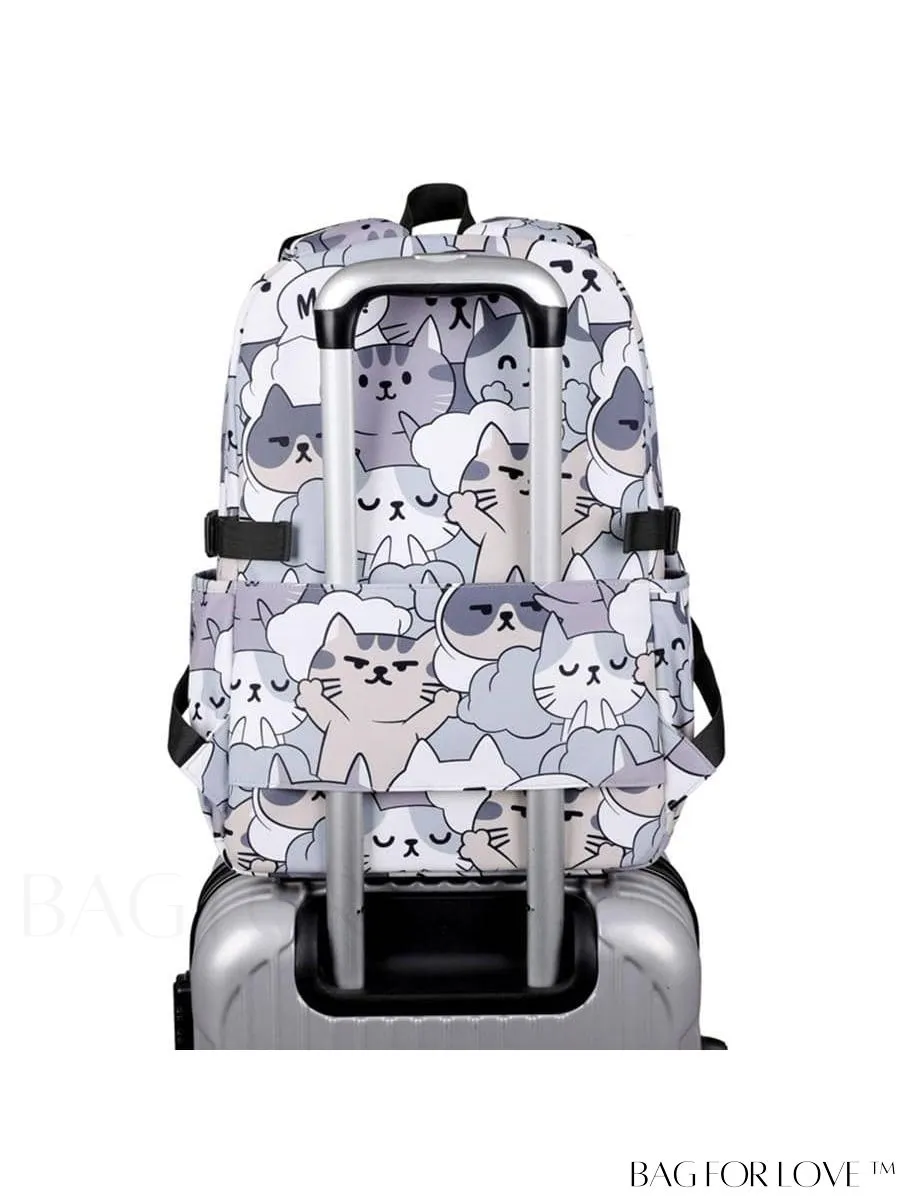BagForLove - Adjustable Strap Classic Backpack with Cartoon Cat Pattern - Preppy Design