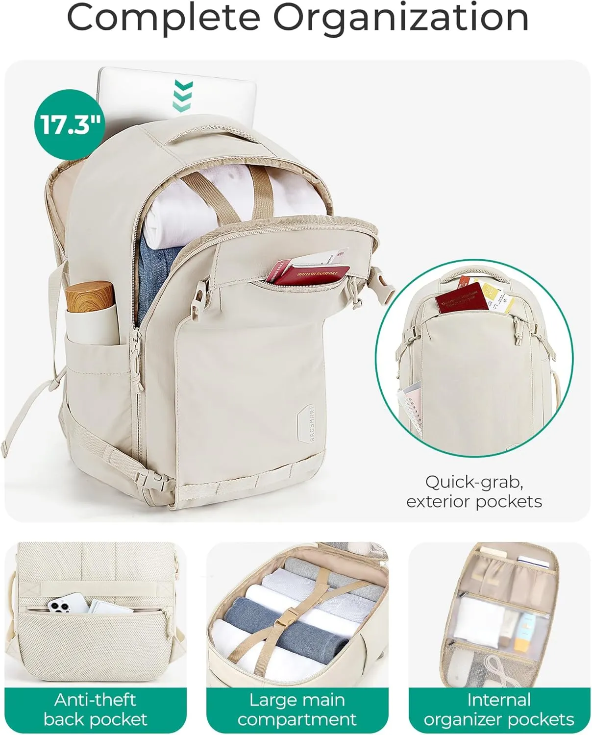 BAGSMART Travel Backpack for Women, 30L Travel Backpack Carry On Flight Approved, TSA Approved Personal Item Travel Bag, Water Resistant Weekender Bag Luggage Daypack, Pistachio