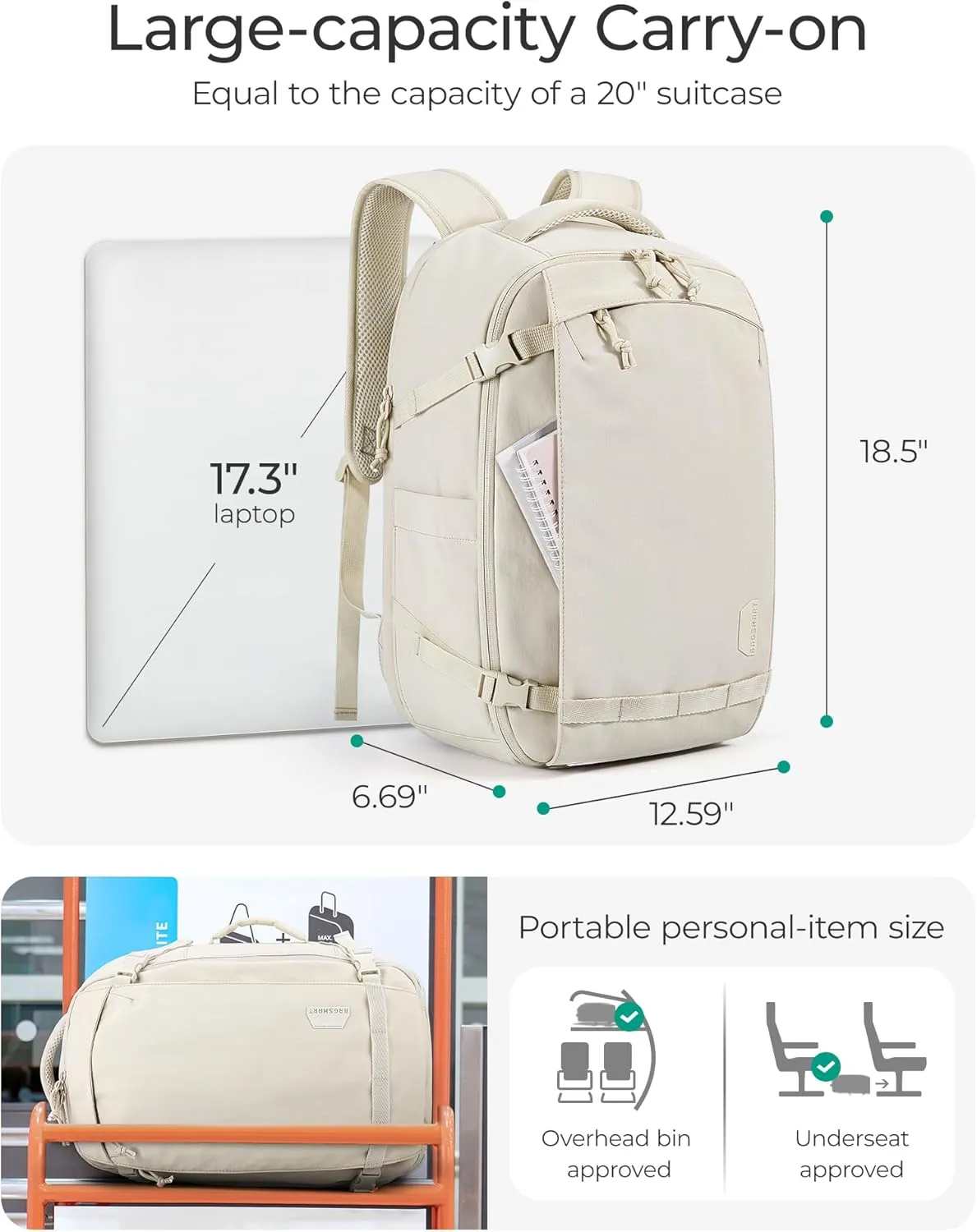 BAGSMART Travel Backpack for Women, 30L Travel Backpack Carry On Flight Approved, TSA Approved Personal Item Travel Bag, Water Resistant Weekender Bag Luggage Daypack, Pistachio