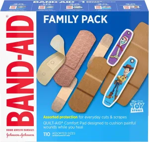 Band-Aid Adhesive Bandage Family Variety Pack in Assorted Sizes Featuring Water Block & Skin Flex, Flexible Fabric, Tough Strips & Pixar Character Bandages, 110 Count