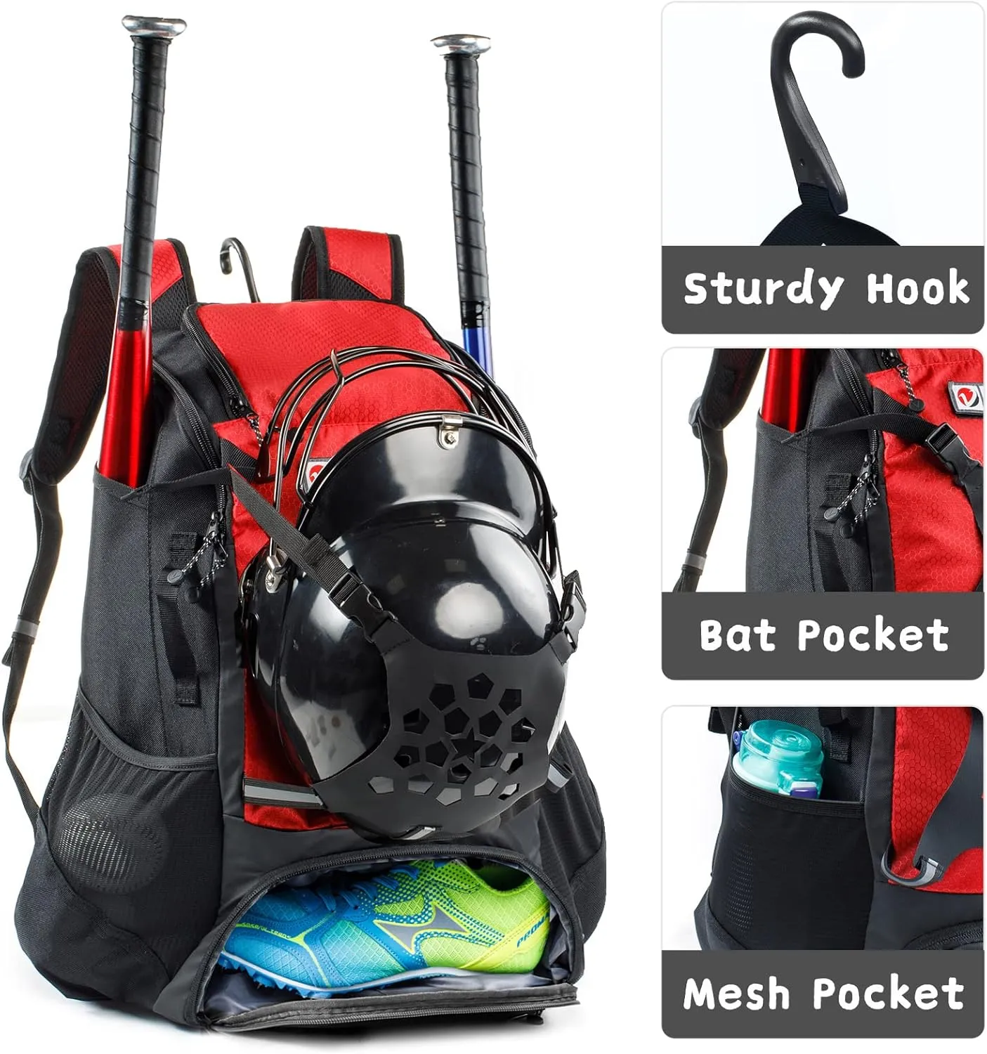 Baseball Backpack for Youth, Boys, Adults - Bat and Softball Equipment Bag With Glove Holder, Helmet, Shoes Compartment - T-Ball Accessories and Baseball Gifts