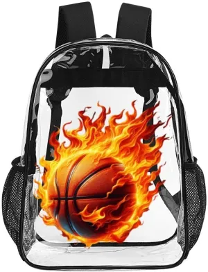 Basketball Clear Backpack Heavy Duty for Girls Kids Boys Women Men - Large Cute PVC Basketball Theme Printing Transparent Backpack for Schools Stadium Concerts Work - Clear/Black