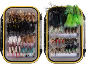 BASSDASH 64pcs Fly Fishing Flies Kit with Waterproof Fly Box for Trout Bass Fishing Dry Flies, Wet Flies, Nymphs, Streamers