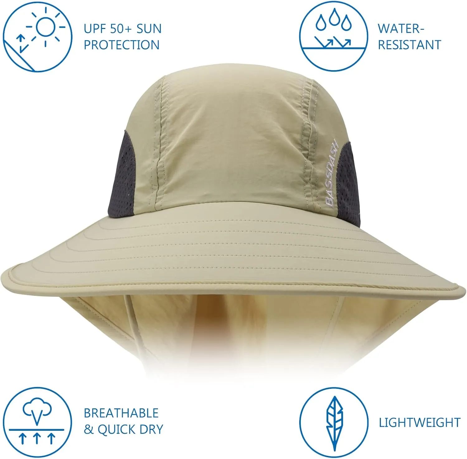 BASSDASH UPF 50  Unisex Water Resistant Wide Brim Sun Hat with Large Neck Flap Ponytail Fishing Hat for Men Women