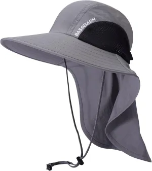 BASSDASH UPF 50  Unisex Water Resistant Wide Brim Sun Hat with Large Neck Flap Ponytail Fishing Hat for Men Women