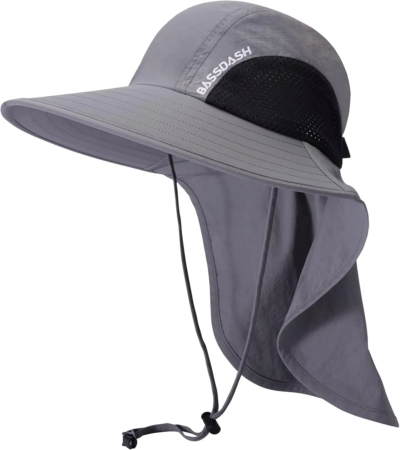 BASSDASH UPF 50  Unisex Water Resistant Wide Brim Sun Hat with Large Neck Flap Ponytail Fishing Hat for Men Women