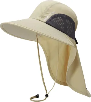 BASSDASH UPF 50  Unisex Water Resistant Wide Brim Sun Hat with Large Neck Flap Ponytail Fishing Hat for Men Women