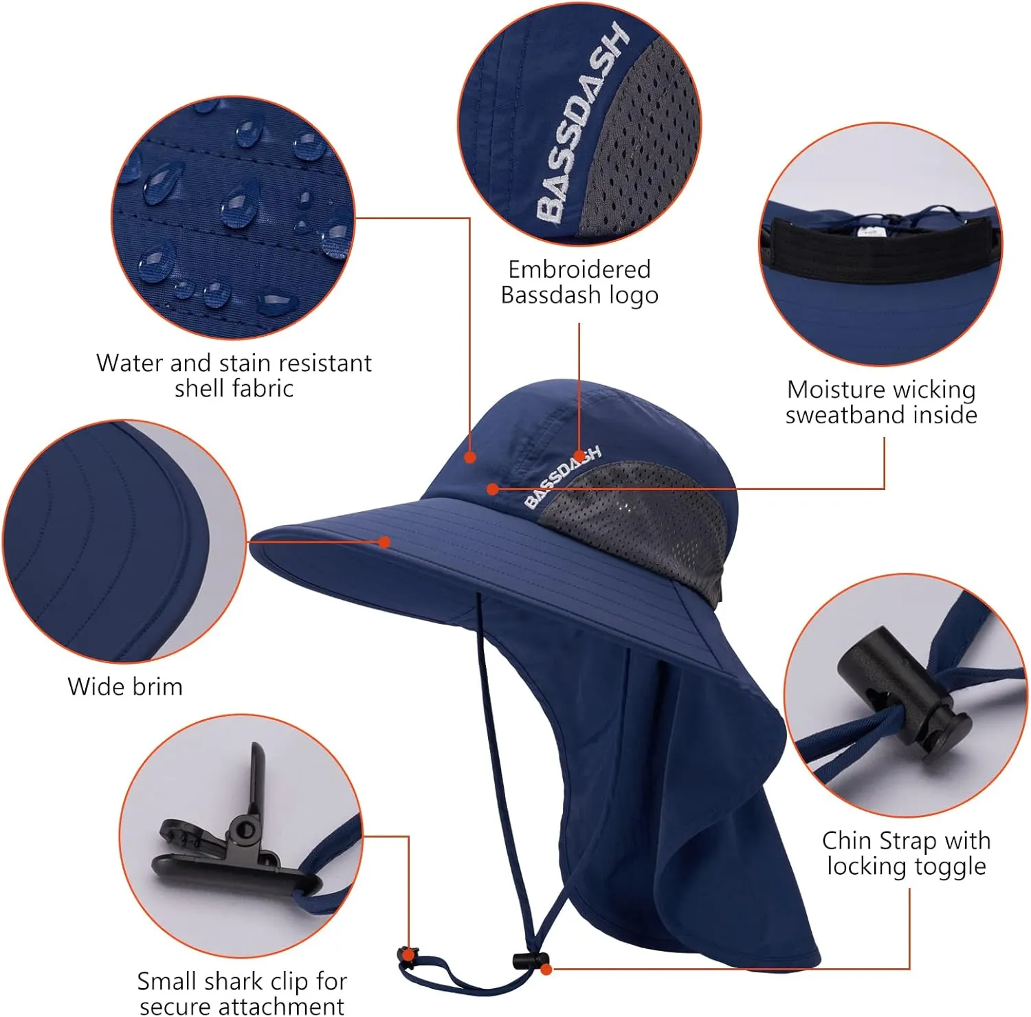 BASSDASH UPF 50  Unisex Water Resistant Wide Brim Sun Hat with Large Neck Flap Ponytail Fishing Hat for Men Women