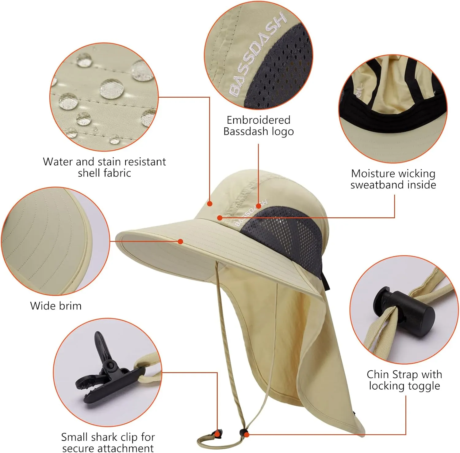 BASSDASH UPF 50  Unisex Water Resistant Wide Brim Sun Hat with Large Neck Flap Ponytail Fishing Hat for Men Women