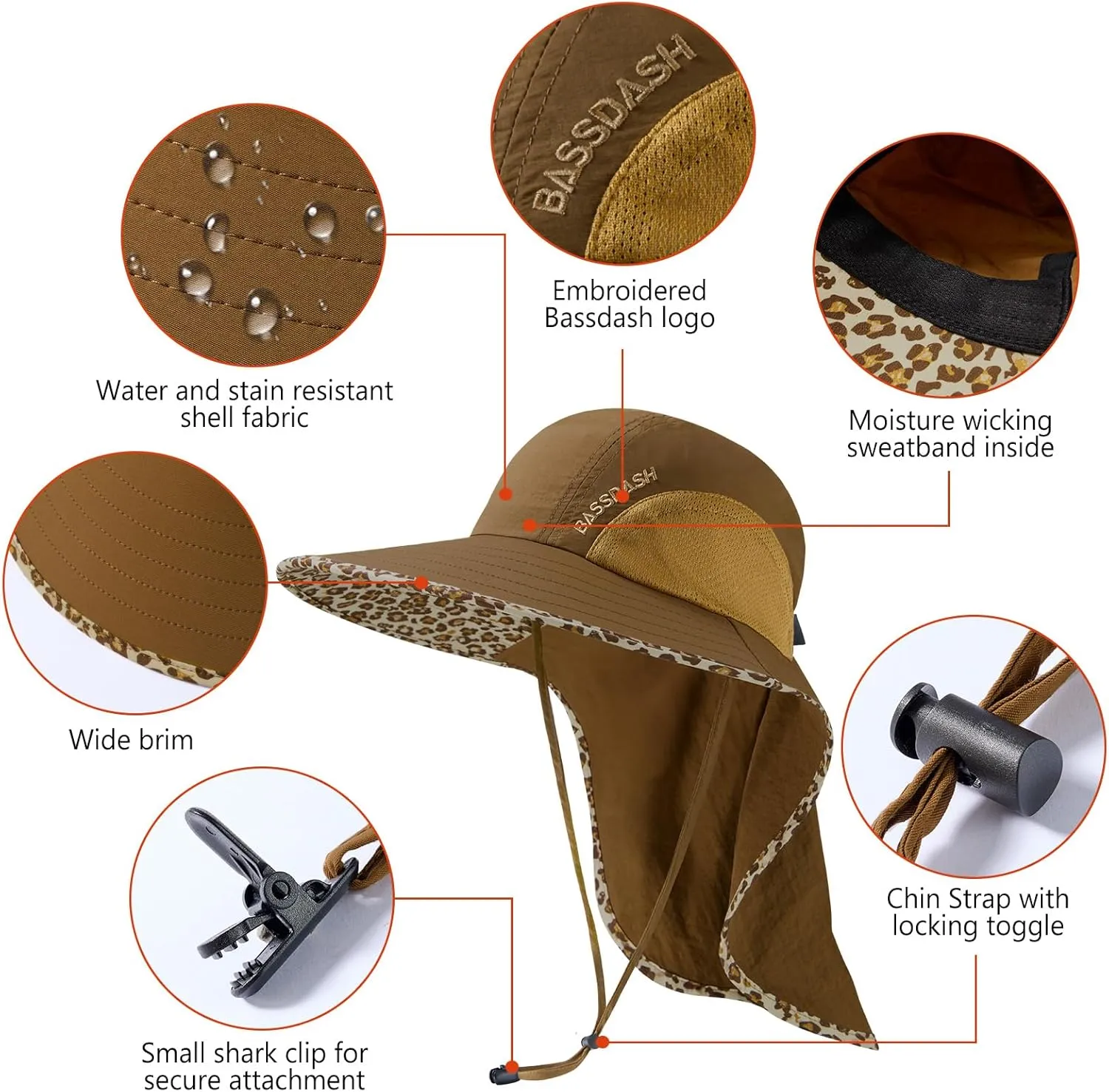 BASSDASH UPF 50  Unisex Water Resistant Wide Brim Sun Hat with Large Neck Flap Ponytail Fishing Hat for Men Women