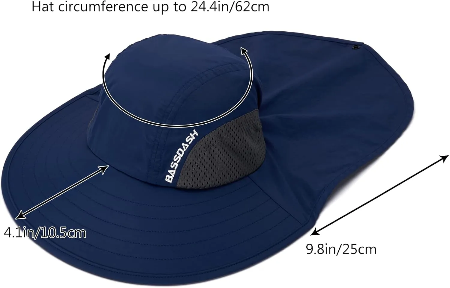 BASSDASH UPF 50  Unisex Water Resistant Wide Brim Sun Hat with Large Neck Flap Ponytail Fishing Hat for Men Women