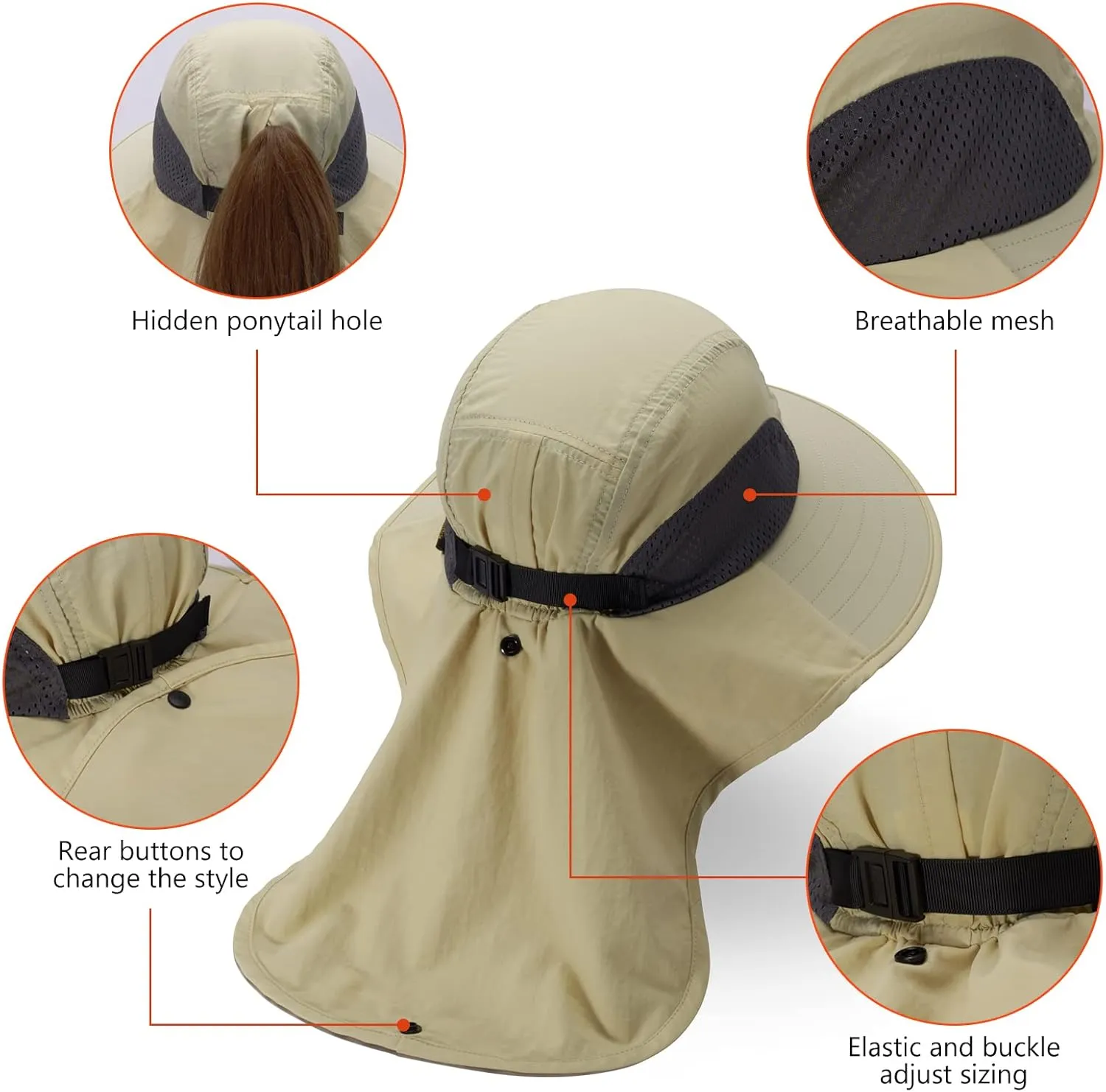 BASSDASH UPF 50  Unisex Water Resistant Wide Brim Sun Hat with Large Neck Flap Ponytail Fishing Hat for Men Women