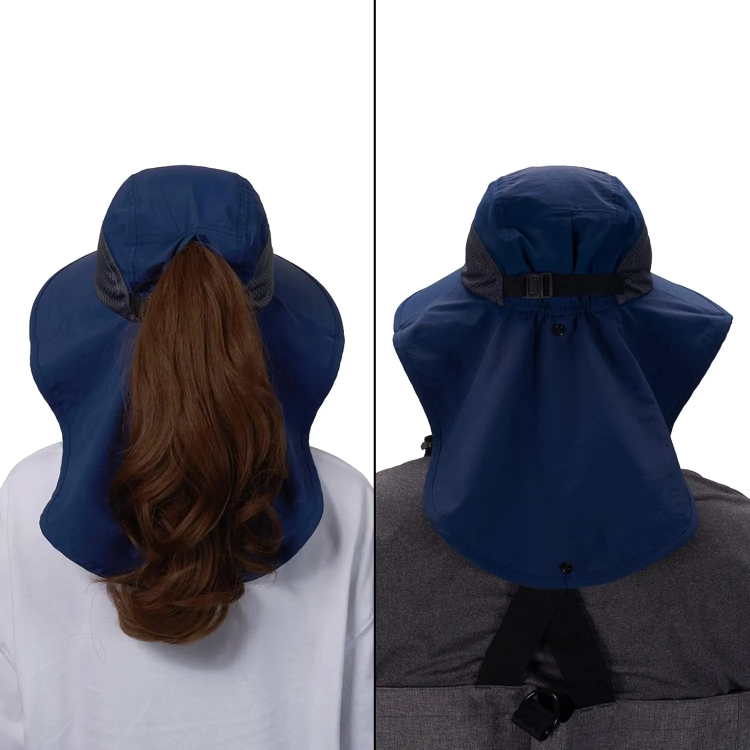 BASSDASH UPF 50  Unisex Water Resistant Wide Brim Sun Hat with Large Neck Flap Ponytail Fishing Hat for Men Women