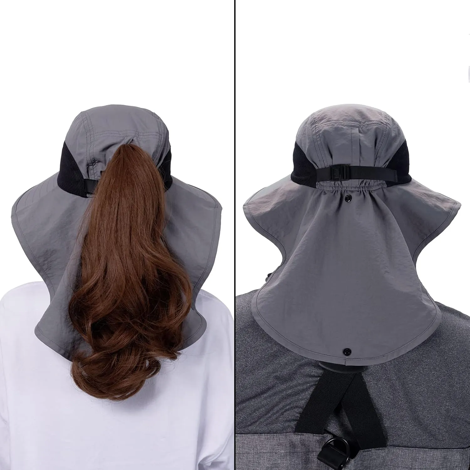 BASSDASH UPF 50  Unisex Water Resistant Wide Brim Sun Hat with Large Neck Flap Ponytail Fishing Hat for Men Women