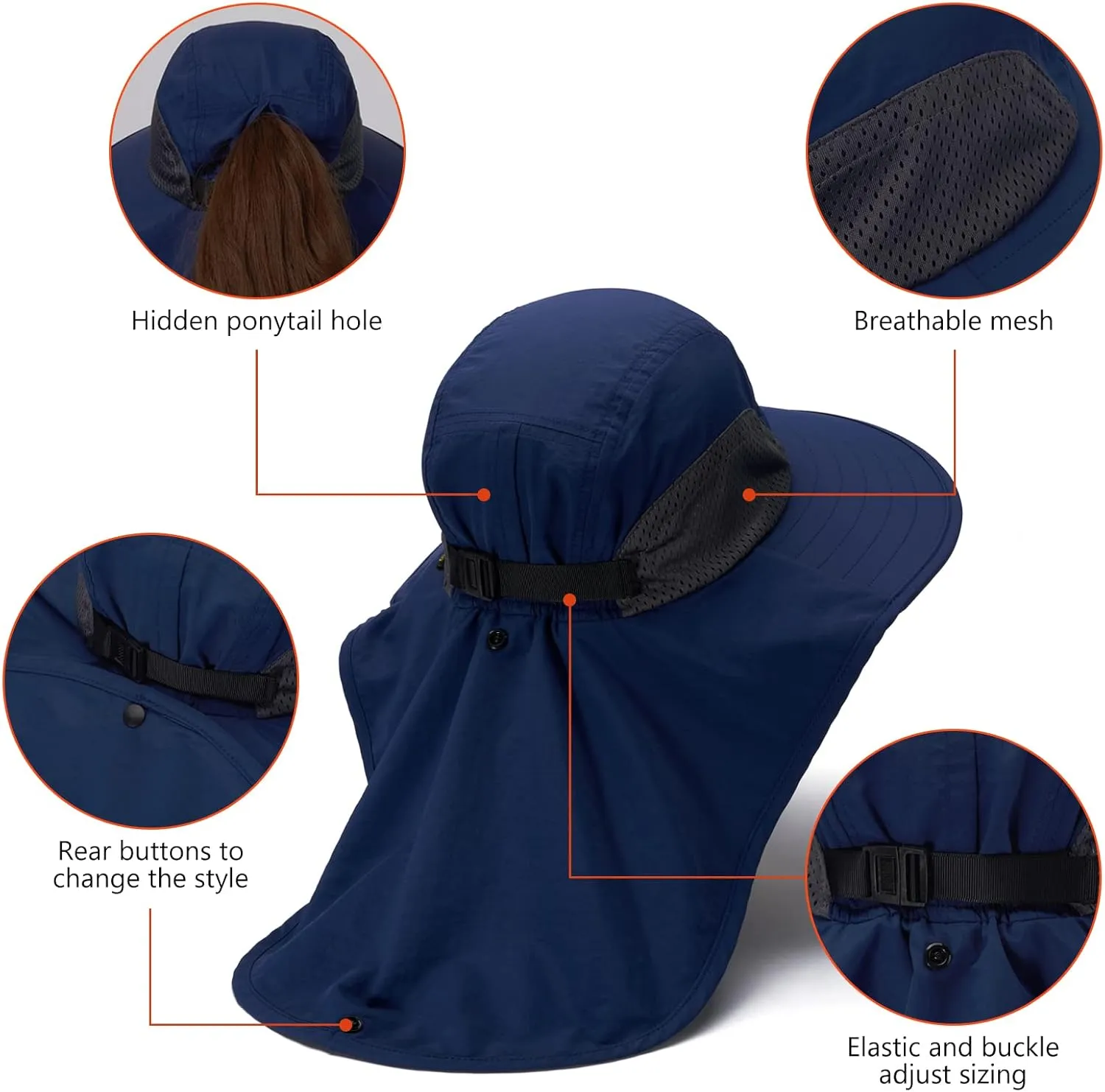 BASSDASH UPF 50  Unisex Water Resistant Wide Brim Sun Hat with Large Neck Flap Ponytail Fishing Hat for Men Women