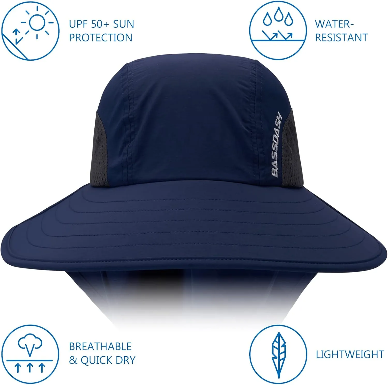 BASSDASH UPF 50  Unisex Water Resistant Wide Brim Sun Hat with Large Neck Flap Ponytail Fishing Hat for Men Women