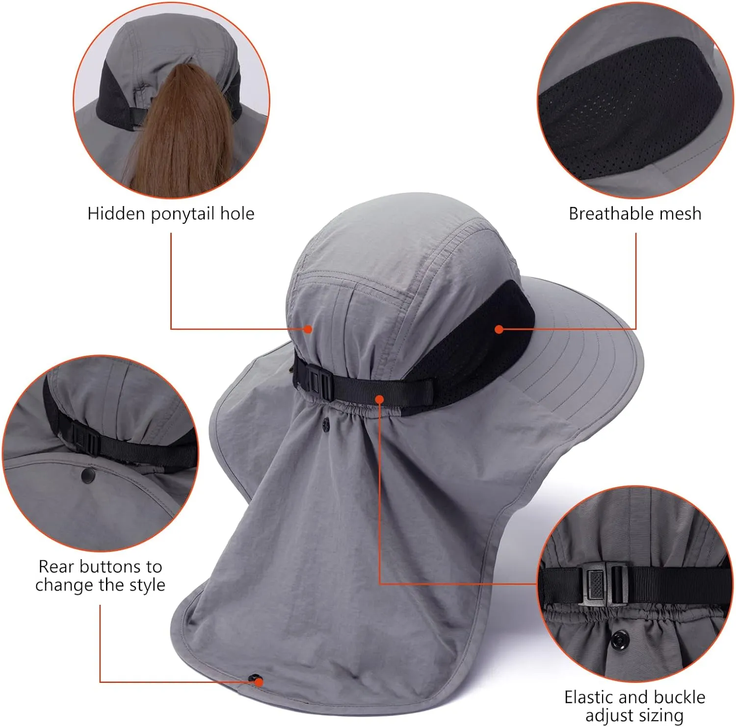 BASSDASH UPF 50  Unisex Water Resistant Wide Brim Sun Hat with Large Neck Flap Ponytail Fishing Hat for Men Women