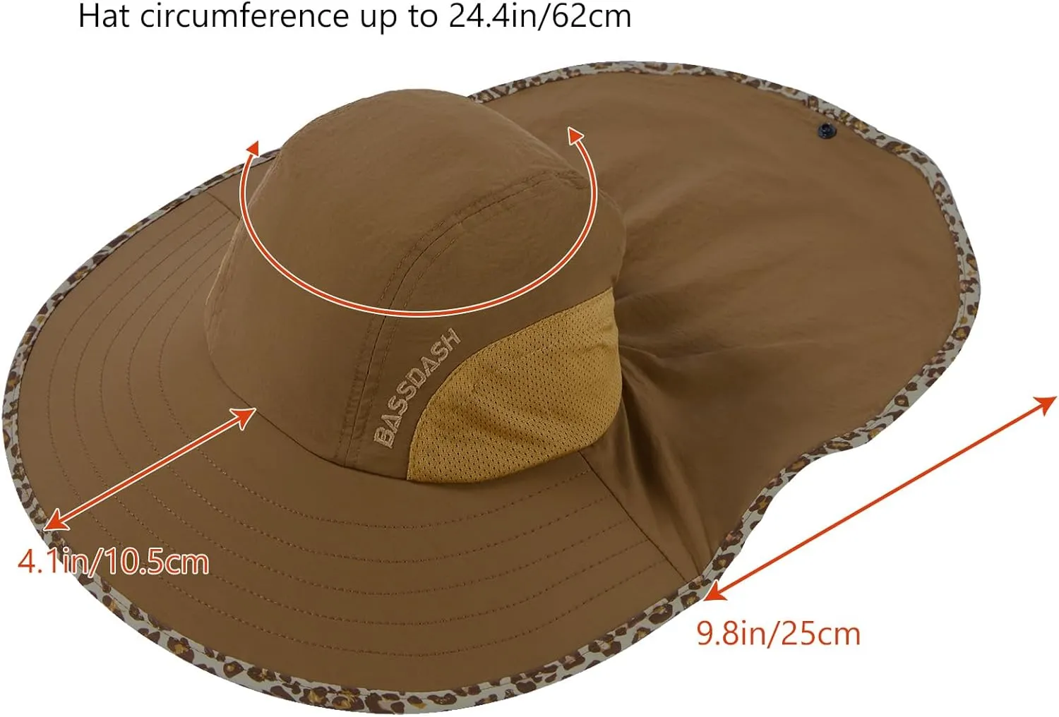 BASSDASH UPF 50  Unisex Water Resistant Wide Brim Sun Hat with Large Neck Flap Ponytail Fishing Hat for Men Women