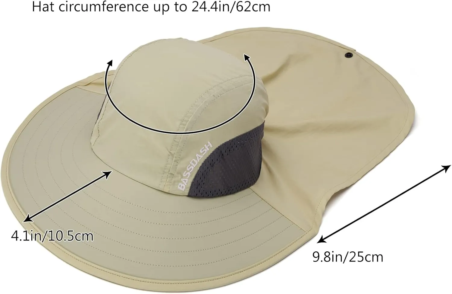 BASSDASH UPF 50  Unisex Water Resistant Wide Brim Sun Hat with Large Neck Flap Ponytail Fishing Hat for Men Women