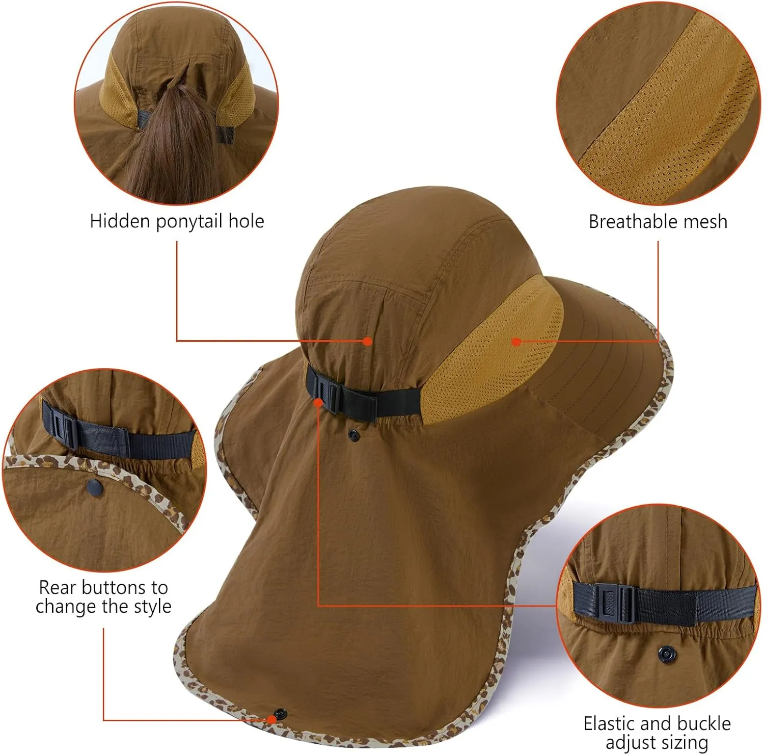 BASSDASH UPF 50  Unisex Water Resistant Wide Brim Sun Hat with Large Neck Flap Ponytail Fishing Hat for Men Women